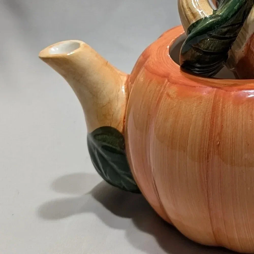 Vintage Ceramic Pumpkin Teapot with Lid and Leaf Detail  Beautiful